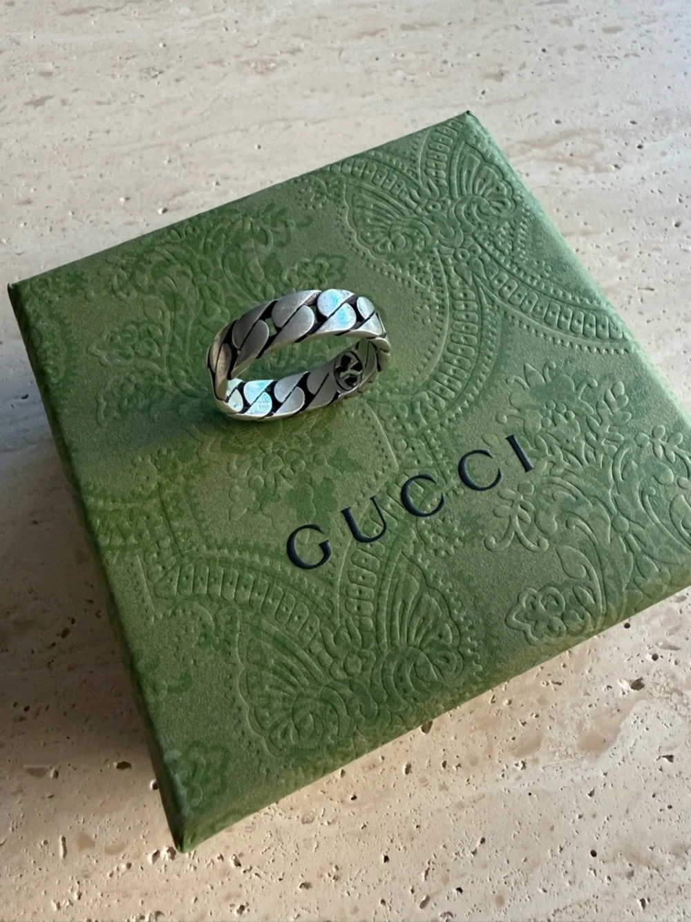 NWB GUCCI WIDE INTERLOCKING STERLING SILVER RING DESIGNER SZ: 24